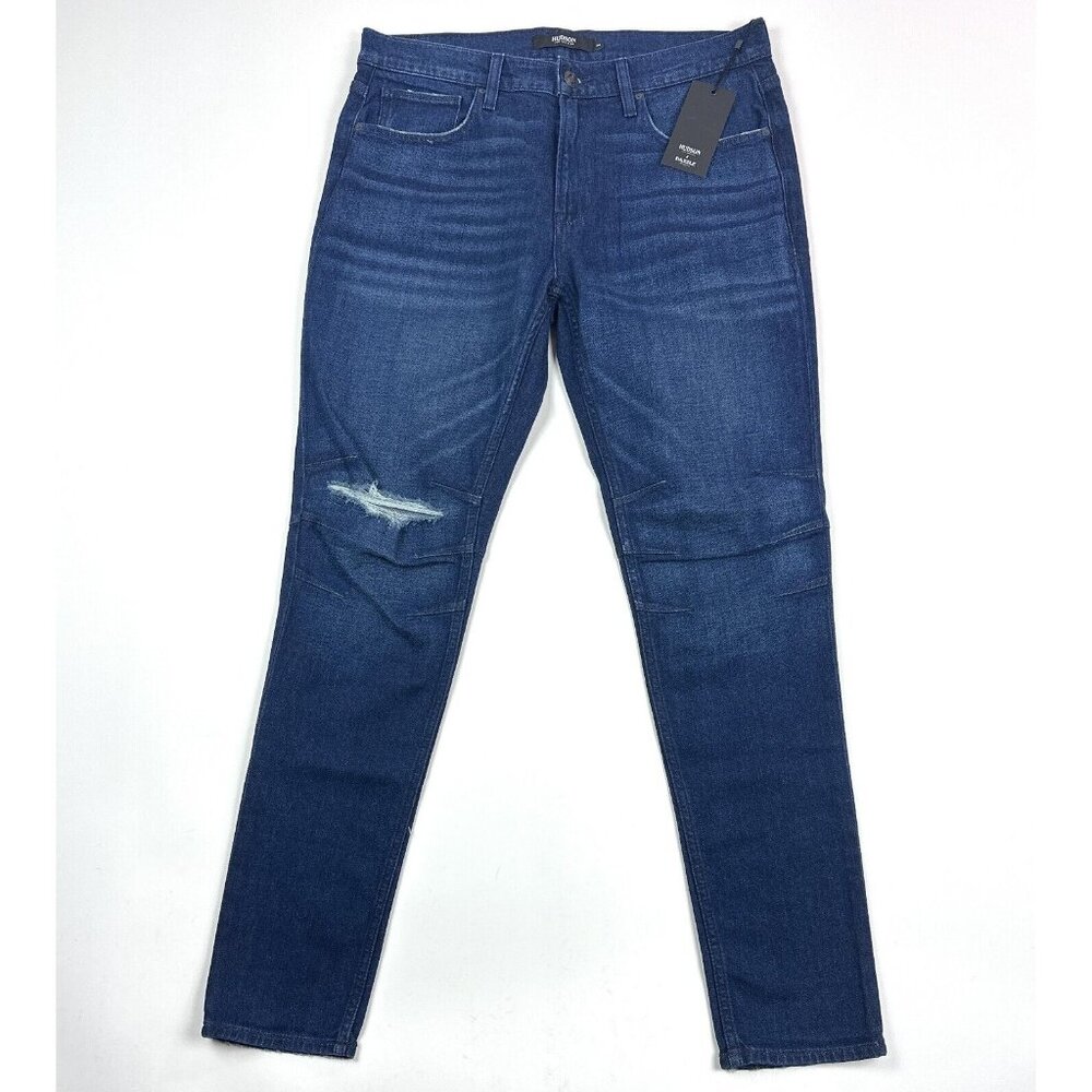 Hudson Zach Skinny Mens 34 Dark Blue Jeans Distressed Stretch Reinforced Knees - Picture 1 of 9